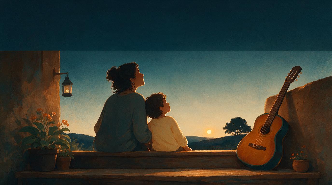 A parent and child sitting together on a porch step at dusk, with a guitar
